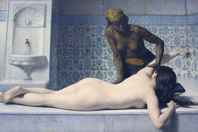 Le massage: scène au Hammam by Edouard Debat-Ponsan (1883). Wikipedia.